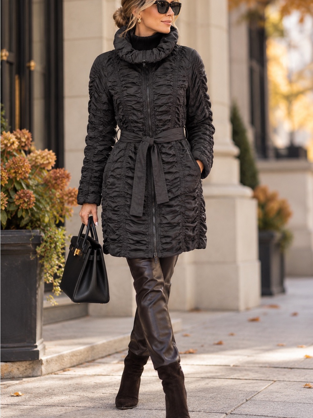 Linea Domani Black Ruched Belted High Collar Trench Coat, size L